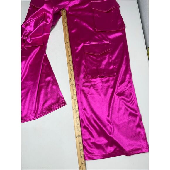 Boutique Brand Hot Pink Satin Cargo Pants Wide Leg Statement Trousers Sz XL - Picture 10 of 15